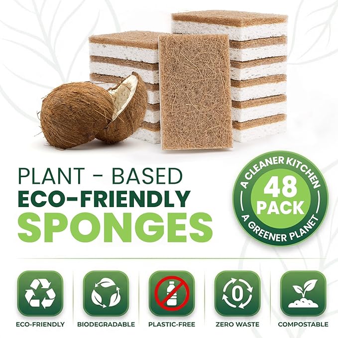 Metflavor 48 Pack Natural Kitchen Sponges, Biodegradable Non-Scratch Cellulose Sponge with Coconut Scrubber for Dishes, Compostable, Non Toxic Cleaning Sponges for Kitchen, Bathroom, Household