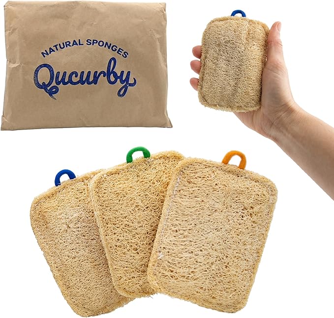 All Natural Loofah Kitchen Sponges (3 Pack) - Eco Friendly - Compostable & Biodegradable - Natural Sponges for Dishes (Paper Bag Packaging)