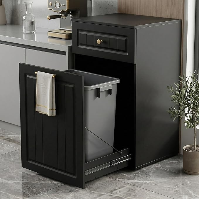 13 Gallon Pull Out Trash Can Cabinet with Drawer, Hidden Kitchen Garbage Cabinet, Freestanding Modern Farmhouse Waste Bin Furniture, Black