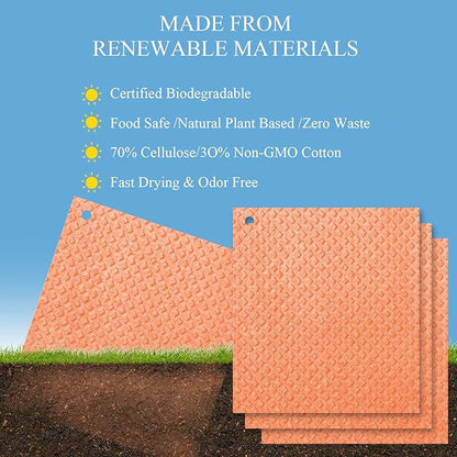 6 Packs Swedish Kitchen Dish Cloths - Reusable Paper Towels for Counters & Dishes - Eco Friendly Cellulose Sponge Cloth (Orange)
