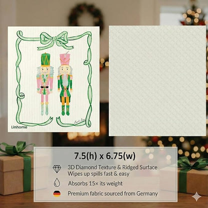 Christmas Holiday Swedish Dishcloth, Reusable Paper Towel, Super Absorbent Cellulose Sponge, Washable Kitchen Cleaning Cloth (Nutcraker Duo - 1 Pack)