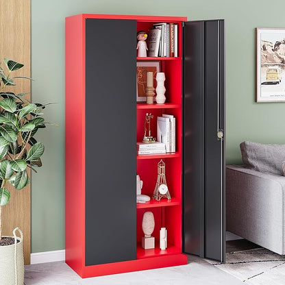Metal Garage Cabinet,71" Lockable Storage Cabinet with 2 Doors and 5 Adjustable Shelves,Tall Steel Cabinets for Garage,Home Office,Basement,School,Hospital(Black & Red)