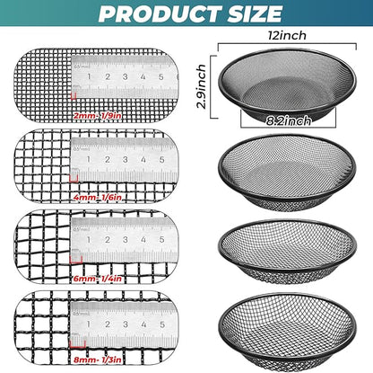 QwayHome 4Pcs Soil Sifter for Gardening, Heavy Duty Galvanized Steel Screen with 4 Aperture Sizes (2/4/6/8mm), Rust-Resistant Sifter Fits 5 Gallon Bucket for Compost, Dirt, Sand,Rock & Shell Sifting