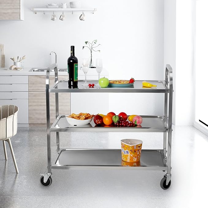 uyoyous Extra Large 3 Tier Stainless Steel Utility Cart 37x20x37 inch Commercial Heavy Duty Rolling Cart Food Storage Service Trolley with 360° Rotatable Wheels for Kitchen Hotel Restaurant Home Use