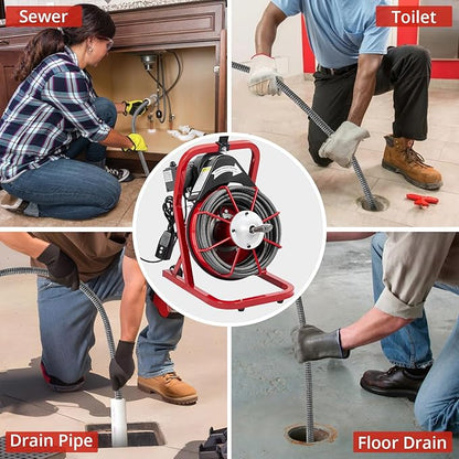 Drain Cleaner Machine 75FT x 1/2 Inch, Powerful Plumbing Auger with 4 Cutter Heads, Air-Activated Foot Switch, Gloves, Portable Sewer Snake for 1"-4" Pipes, Ideal for Bathroom and Kitchen Clogs
