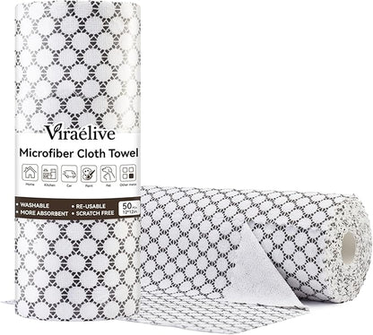 Microfiber Cleaning Cloth Roll, 50 Tear-Away Sheets, Reusable & Washable, Lint-Free, Non-Scratch, Highly Absorbent Cleaning Cloths for Kitchen, Home, Car & Windows, White Waffle, 12 x 12 in