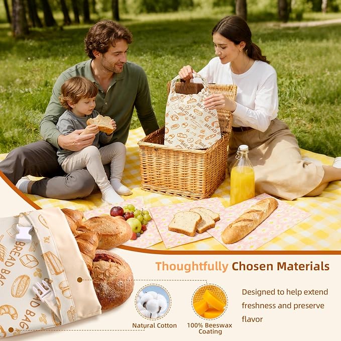 2 Pack Beeswax Bread Bags for Homemade Sourdough Bread, Includes 2 Wraps, 17×13 Inches Organic Cotton Bread Storage Bags, Keeps Bread Fresh, Ideal for Bakers, Kitchen, Travel (Bread Print)