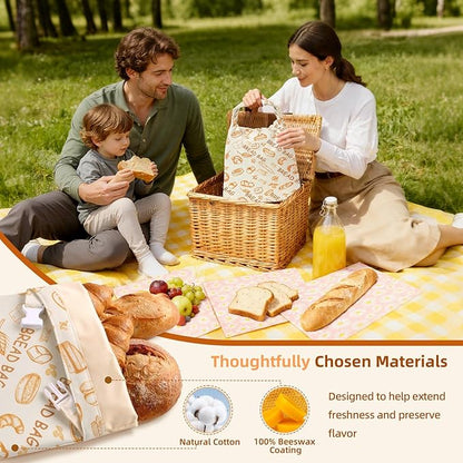 2 Pack Beeswax Bread Bags for Homemade Sourdough Bread, Includes 2 Wraps, 17×13 Inches Organic Cotton Bread Storage Bags, Keeps Bread Fresh, Ideal for Bakers, Kitchen, Travel (Bread Print)