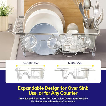 Dish Drying Rack Over The Sink Expandable to 24.5" Dish Drainer — Space-Saving Rectangular Kitchen Extending Drying Station with Utensil Holder, Fits Most Sinks for Easy Dish Organization, Silver