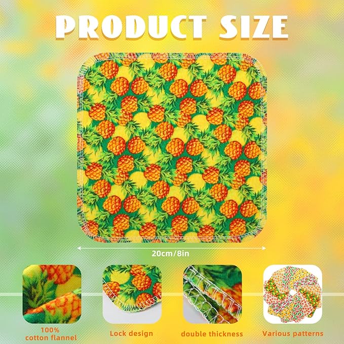 Kinlop 24 Pcs Summer Lunchbox Cloth Napkins Bulk Reusable 2 Ply 8" x 8" Fruit Flannel Style Wipes Washable Soft Cotton Sturdy Absorbent Cloth Placemats for Dining Home Party