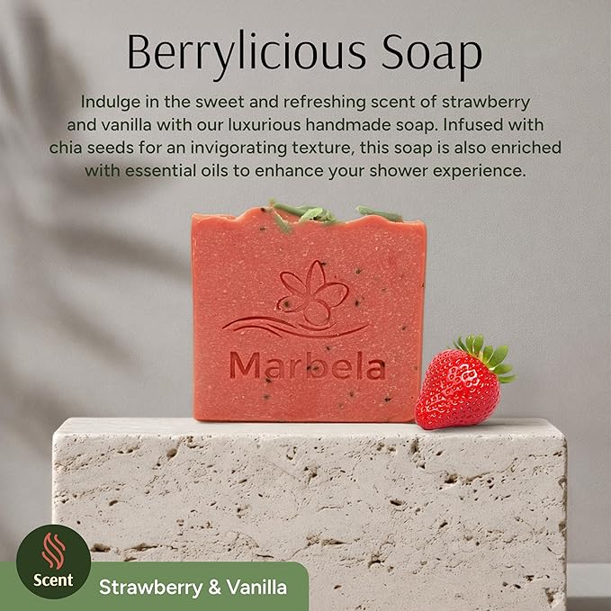 Marbela Cosmetics Handmade Soap Bar - Made in USA, Vegan Friendly, Palm Oil Free, Natural Bar Soap - Gentle Face & Body Soap for Daily Skin Care, Moisturizing - 3.5 oz (Berrylicious Soap)