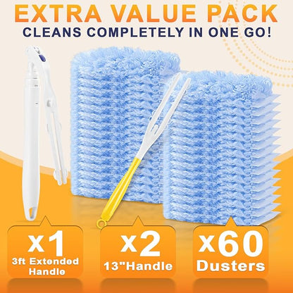 60-Pack Heavy Duty Duster Refills Compatible with Swiffer, 3FT Extendable Handle, 5X Multi-Surface Microfiber Duster for Home, Fans, Blinds, Vents & Car Cleaning
