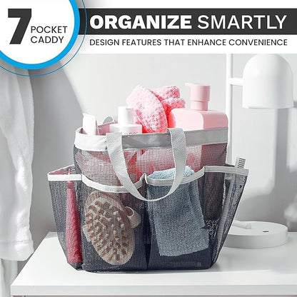 Handy Laundry Mesh Shower Caddy – 7 Pocket Portable Organizer Tote for College Dorm, Gym, Travel & Bathroom – Quick Dry, Collapsible, Lightweight Bag with Reinforced Handles (Black)