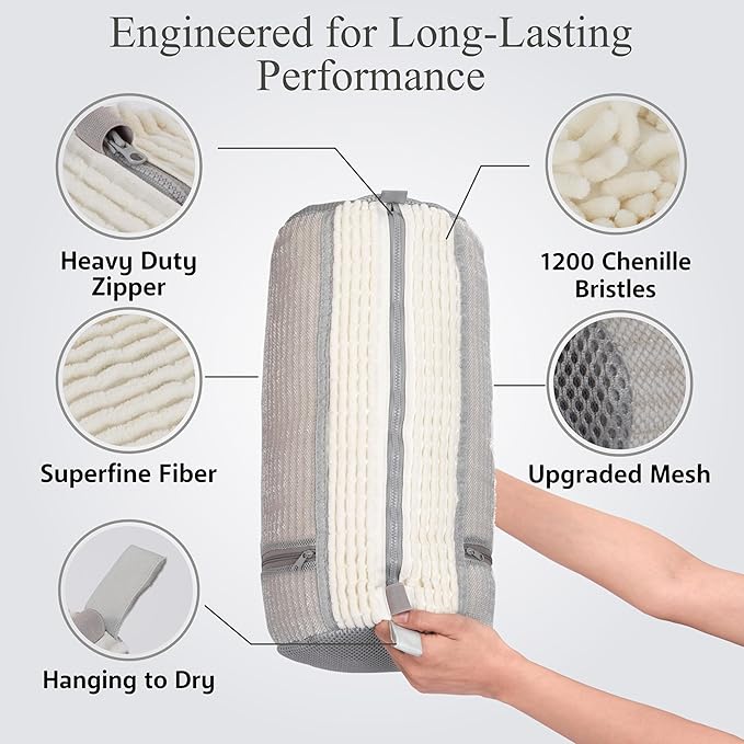 Shoe Washing Machine Bag, 2 Pcs Reusable Laundry Shoe Bag for Washer and Dryer, 360 Deep Cleaning Sneaker Washing Bag with Zipper, Mesh Pockets and Hanging Strip, Fits All Shoe Types & Sizes, Cream