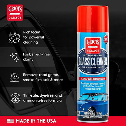 Griot's Garage Ultra-Premium Glass Cleaner, Foaming Aerosol Spray for Car Window, Windshield, Mirror, Tint Safe, Ammonia-Free Formula, 19 Oz, 10998