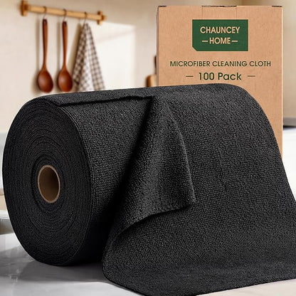 Microfiber Cleaning Cloth Roll - 100 Pack Tear Away Microfiber Paper Towels, Reusable, Washable, Scratch-Free, Kitchen Towels for Car, Home, Kitchen, Glass, Dishes (Black)