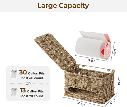 StorageWorks Trash Bag Holder with Lid, Wall Mount Seagrass Plastic Bag Holder for Kitchen, Cabinet and Countertop