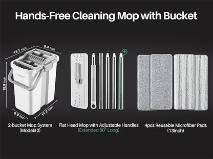 JOYMOOP Mop and Bucket Set, Flat Mop Flat Head, Microfiber Dust Mops for Household & Commercial Wall Cleaner with Long Handle, Hands-Free Floor Cleaning