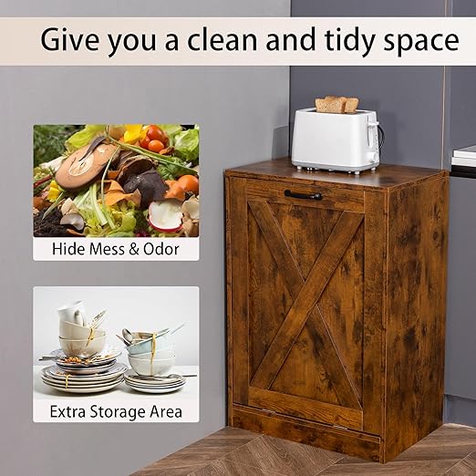 Zvyteay 13 Gallons Tilt Out Trash Can Cabinet, Wooden Free Standing Kichen Waste Bin Recycling Cabinet Hidden Trash Cabinet (Brown)
