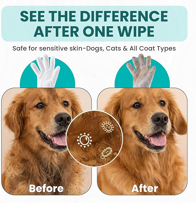 Hypoallergenic Pet Glove Wipes for Dogs & Cats - 7 Individually Wrapped Disposable No-Rinse Grooming Mitts | Lick-Safe Waterless Cleaning Gloves for Paws, Butt, Face & Fur | Deodorizing & Soft