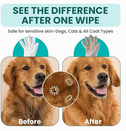 Hypoallergenic Pet Glove Wipes for Dogs & Cats - 7 Individually Wrapped Disposable No-Rinse Grooming Mitts | Lick-Safe Waterless Cleaning Gloves for Paws, Butt, Face & Fur | Deodorizing & Soft