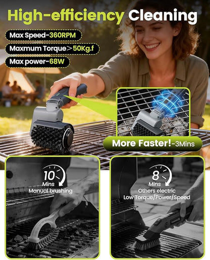 KISUFU [7.4V High-Power] Electric Grill Brush, 68W Motorized BBQ Scrubber with 50kg.f Torque, Bristle Free Grill Brush for Outdoor Grills, 150 Mins Runtime Heavy Duty BBQ Cleaning Tool