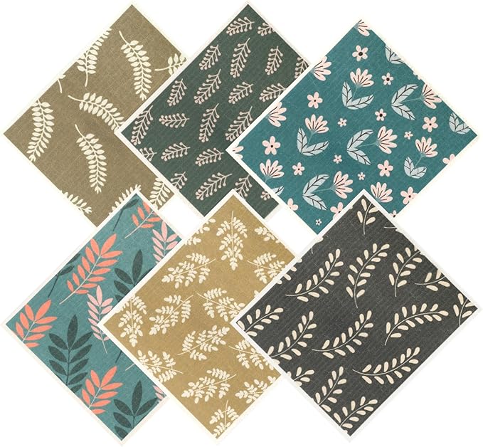 Green Swedish Dishcloths for Kitchen, 6 PCS Swedish Dish Cloths, Super Absorbent Washable Reusable Floral Cloths Dish Towel, No Odor Cellulose Sponge (Dark-Green)