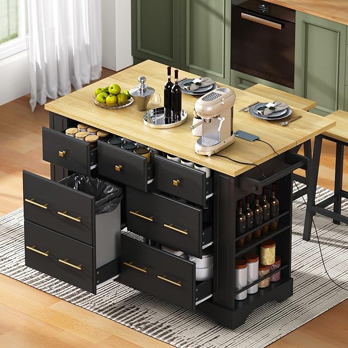 51.2" Kitchen Island with 6 Drawers, Pull Out Trash Can Storage, Rolling Kitchen Island on 5 Wheels with Drop Leaf, Power Outlet, 5 Open Side Racks for Kitchen, Dining Room, Black