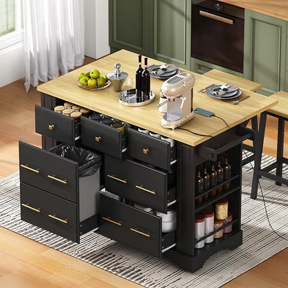 51.2" Kitchen Island with 6 Drawers, Pull Out Trash Can Storage, Rolling Kitchen Island on 5 Wheels with Drop Leaf, Power Outlet, 5 Open Side Racks for Kitchen, Dining Room, Black