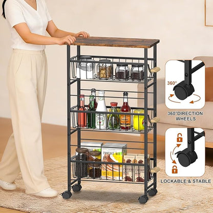 4-Tier Slim Rolling Cart with Pull-Out Baskets & Wooden Top Narrow Mobile Storage Organizer, Multipurpose Utility Cart with Handle for Small Spaces, Kitchen, Bathroom, Laundry Room, Office, Brown