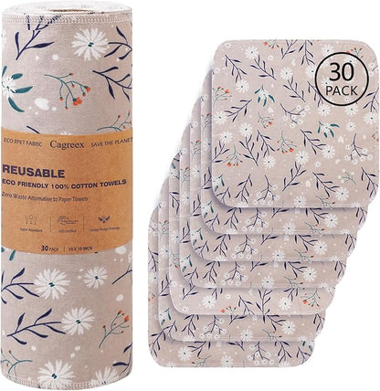 Reusable Dishcloths Kitchen Towels Cotton: 30 Packs 10X10 Washable Roll Paperless Paper Towels Absorbent Dishcloths Set Dish Tea Towel for Kitchen Drying (30Daisy, 10×10")