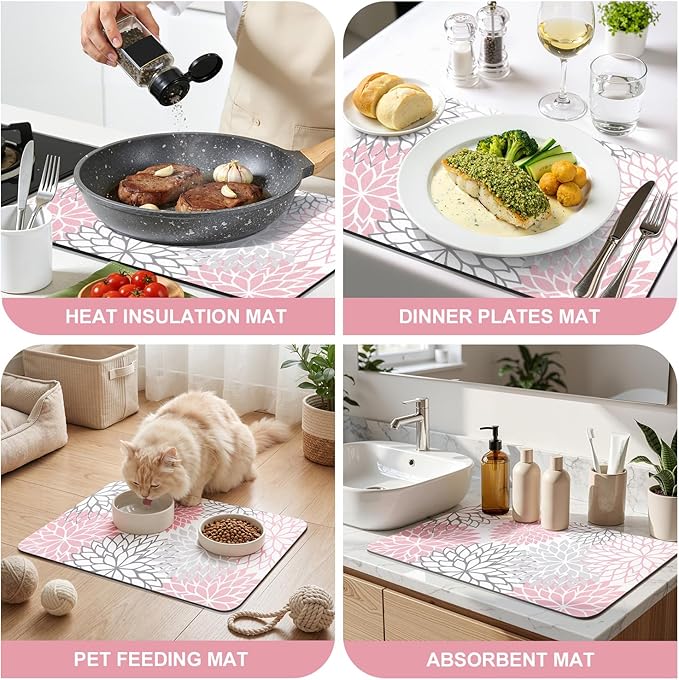 Findosom Dish Drying Mat, 12" x 20" Super Absorbent Dish Mat with Floral, Hide Stain Drying Mat for Kitchen Counter, Under Dish Rack, Coffee Maker, Espresso Machine, Pink