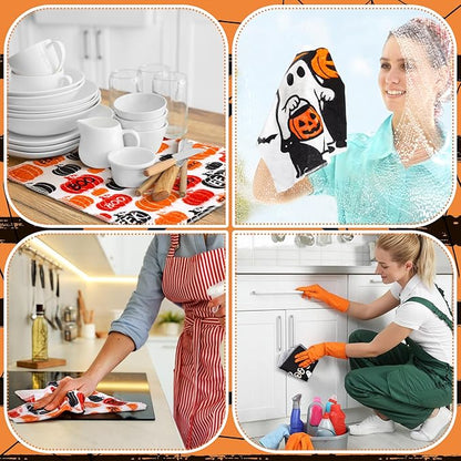 Mindsoft 36 Pcs Halloween Reusable Paper Towels Rolls Washable Bulk Halloween Boo Ghost Pumpkin Kitchen Dish Towels Paperless Reusable Cloth Cotton Napkins with Cardboard for Kitchen Bathroom