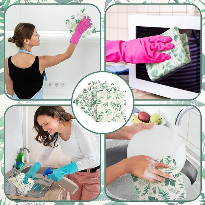 Sunnyray 12 Pcs Swedish Kitchen Dish Towels Dishcloth Reusable Sponge Cleaning Cloth Kitchen Towels Absorbent Washable Dish Cloth Drying Hand Towel(Green, Leaves)