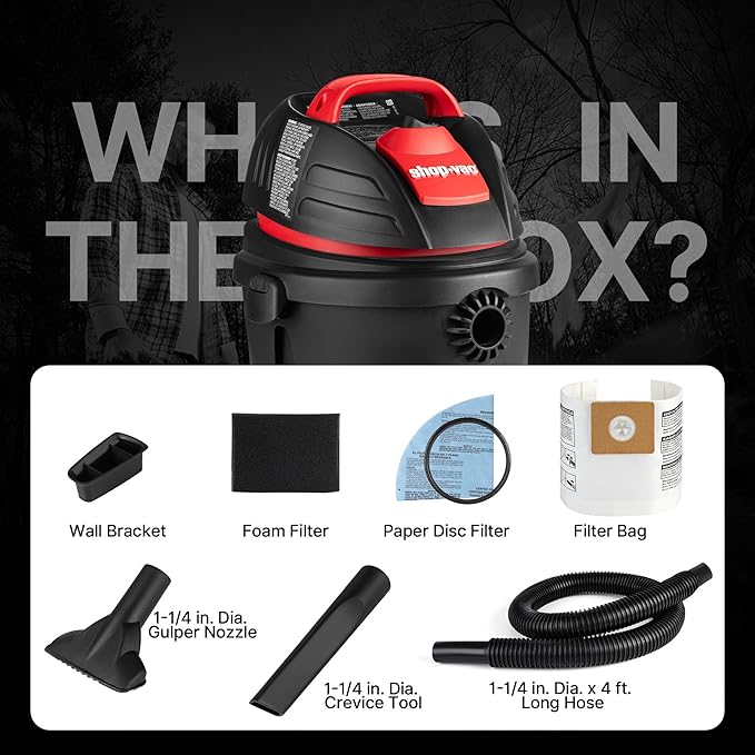 Shop-Vac 9303511 2.5 Gallon Wet Dry Vacuum, 2.5 Peak HP, 1.25 Inch Diameter x 4 Foot Hose, 12 Ft Cord Length, Wall Mounted, Includes Filters, Ideal for Jobsite, Garage, Car & Workshop