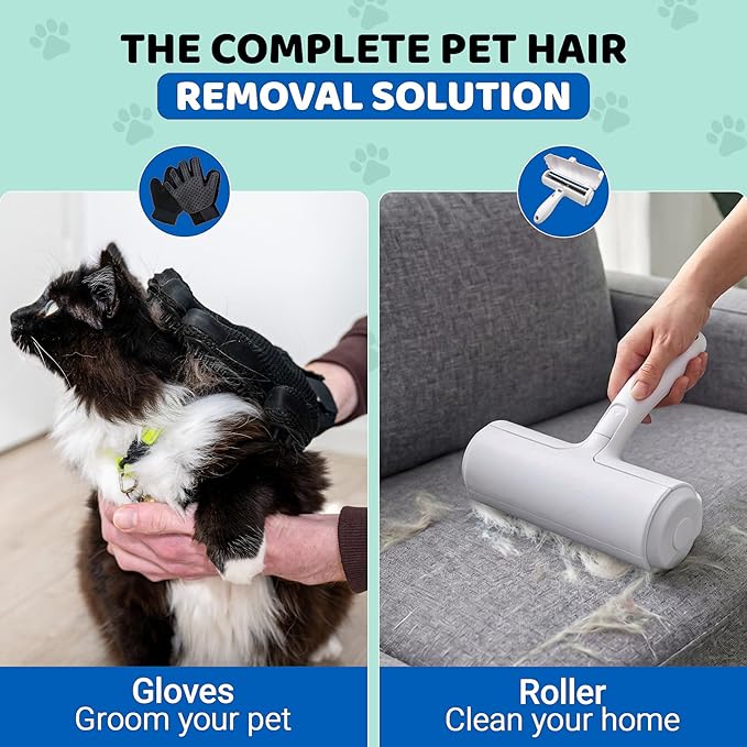 Pet Hair Remover Roller with 2 Grooming Gloves – Reusable Lint Remover for Dogs and Cats (Blue)