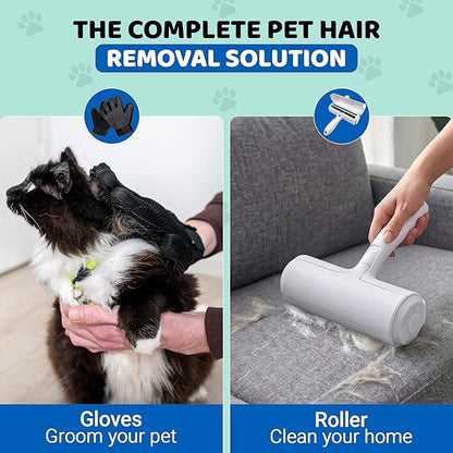 Pet Hair Remover Roller with 2 Grooming Gloves – Reusable Lint Remover for Dogs and Cats (Blue)