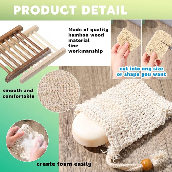 60 Pcs Soap Saver Set Including Wooden Dish, Exfoliating Bag, Saver Pads Bulk with Self Drain, Bar Soap Holder Mesh Bag for Shower Bath Home Toilet Kitchen Hotel Restaurant