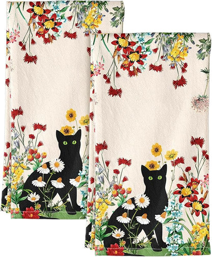 Miss Adola Flour Sack Kitchen Towels - Set of 2 Spring Dish Towels with Hanging Loop 18x26 Inch Absorbent Reusable Cotton Cloths for Cleaning Cute Design Home Decorative Housewarming, Flower Cats