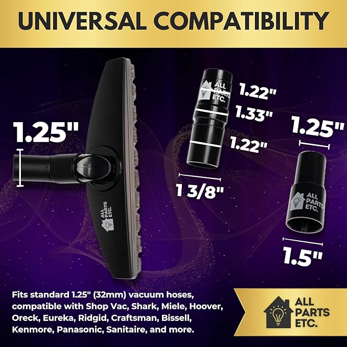 1.25" Hardwood Floor Vacuum Brush Attachment with Natural Horsehair Bristles - Includes 1-3/8" & 1.5" Adapters - Compatible with Shark, Miele, Hoover, Shop Vac, Eureka, Oreck