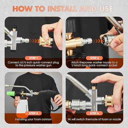 SakerPlus Foam Cannon Dual Connector Accessory,Pressure Washer Gun with Foam Cannon,1/4 Inch Quick Connector with 5 Power Washer Sprayer Nozzles,for Car Washing and Cleaning