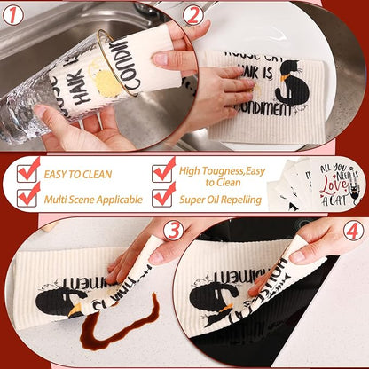 Hoolerry 6 Pcs Funny Black Cat Swedish Kitchen Dishcloths, Reusable Sponge Swedish Cleaning Cloths Washable Dish Cloths Absorbent Christmas Decorative Kitchen Towels Housewarming Gift for Bathroom