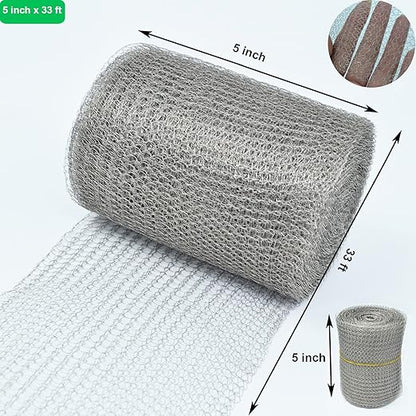 Wire Mesh for Mice Control, 5" x 33FT Stainless Steel Wool, Double Layer Rodent Mesh Barrier, Stainless Steel Mesh Hole Filler, Flexible Stretchy for Garden House and DIY