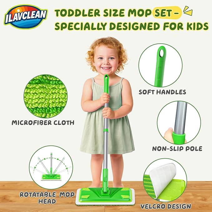 2-Set Toy Mop for Kids - Toddler Real Spray Flat Floor Mop Montessori Cleaning Toy Set, Educational and Fun Gifts for Boys and Girls Ages 4+