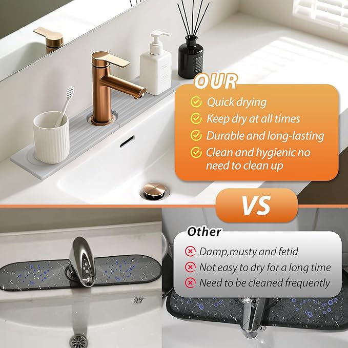 Kitchen Sink Faucet Mat, Diatomaceous Earth Quick Dry Sink Splashback Drying Mat, Kitchen Faucet Super Absorbent Mat, Quick-Drying Water Absorbing Stone Tray (Light Gray, 15.7" x 3.9")