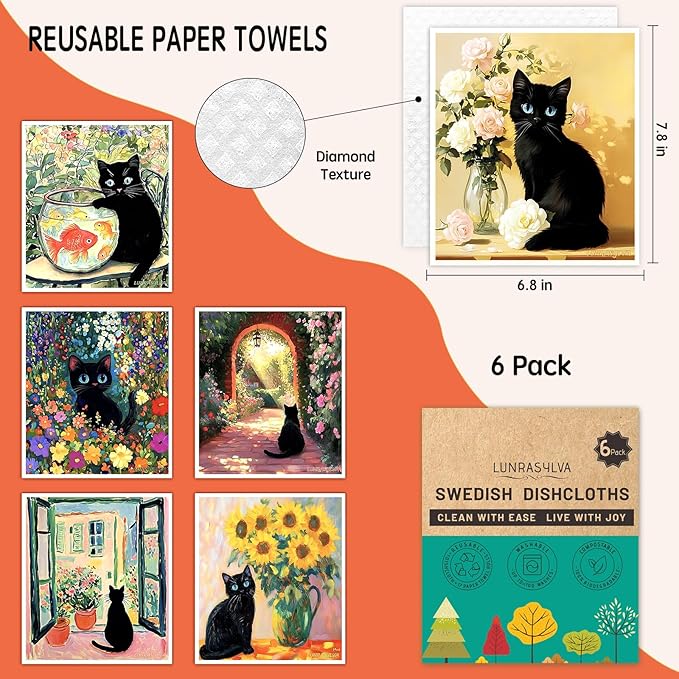 Swedish Dishcloths for Kitchen 6 Pack, Reusable Paper Towels Super Absorbent, Biodegradable Quick Drying Washable Dish Cloths Dishwasher Safe, Cleaning Cloths with WaterColor Design (Black Cat)
