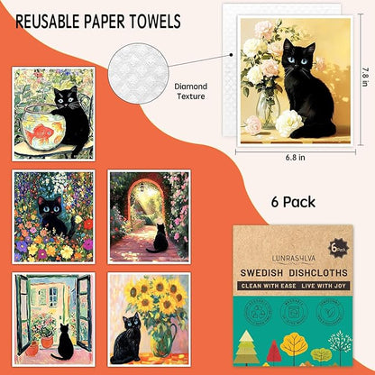 Swedish Dishcloths for Kitchen 6 Pack, Reusable Paper Towels Super Absorbent, Biodegradable Quick Drying Washable Dish Cloths Dishwasher Safe, Cleaning Cloths with WaterColor Design (Black Cat)