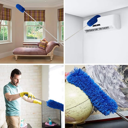 ZZ LAZYCOTTAGE Cobweb Duster with Extension Pole, Washable Cleaning Duster Kit with 2 Duster Heads, Cobweb Duster, Corner Brush, Aluminum Telescoping Pole for Ceiling Fan (Blue)