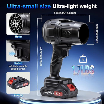 21V Handheld Leaf Blower – 98,000RPM High-Speed Motor, 1.9LB Ultra-Lightweight Hand Blower with 2 Batteries & Charger for Yard, Patio, Car Drying & Workshop