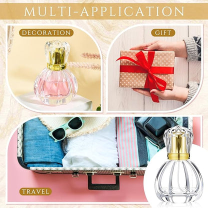 Teenyyou 12 Pack 50ml/1.7oz Refillable Glass Perfume Spray Bottles, Empty Crystal Glass Fragrance Spray Bottles Bulk, Vintage Atomizer with Refill Tool for Travel, Home Decor(Pumpkin Gold)